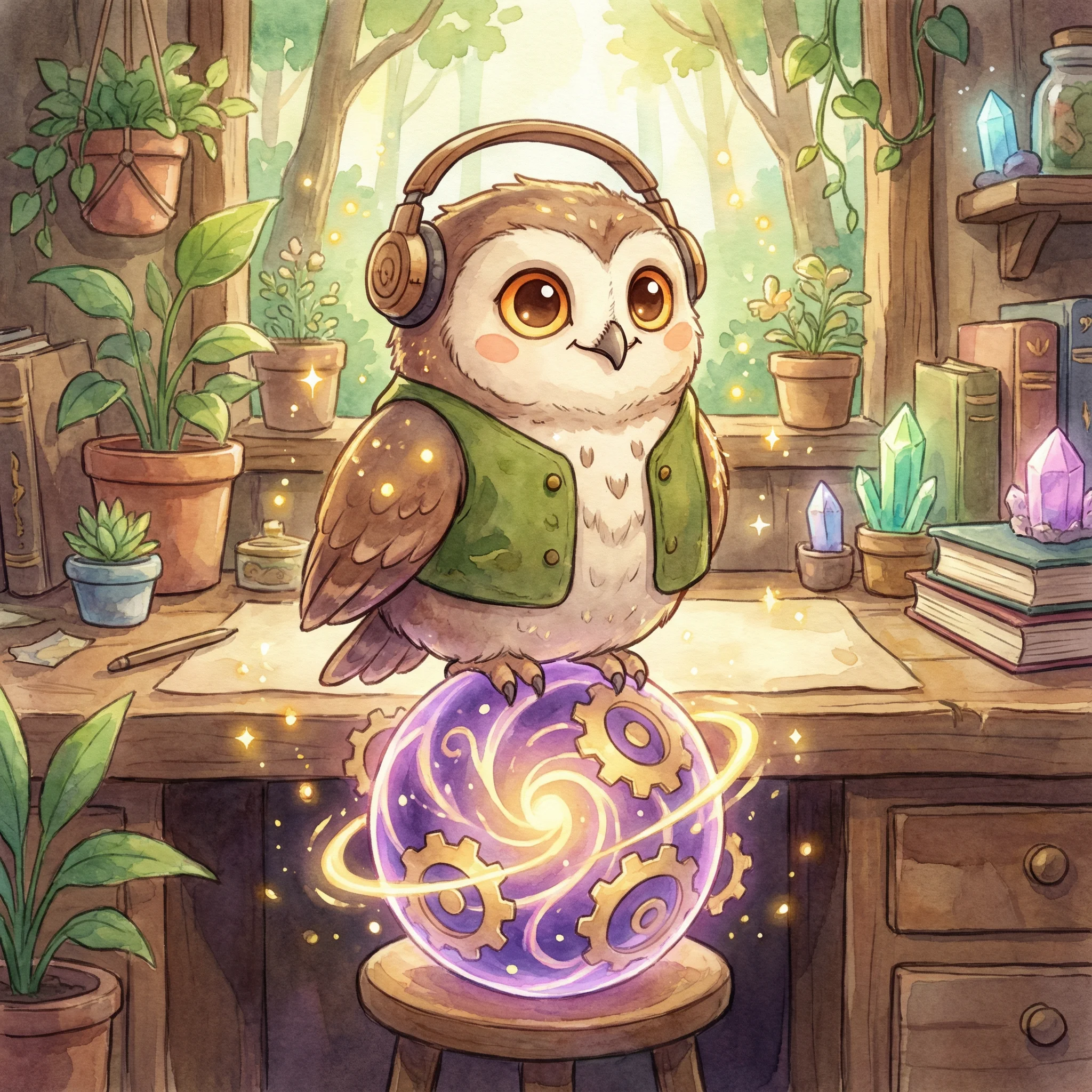 Coruja simpática com fones de ouvido representando suporte ao cliente